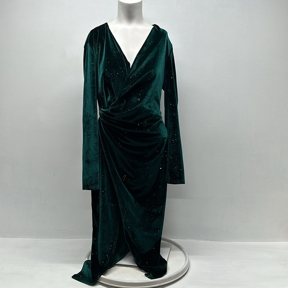 Double Crazy Midi Dress Velvet Velour Glitter Sparkle Emerald Green Size Large - Picture 3 of 12